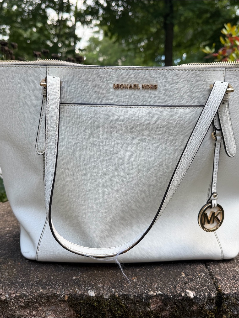 Michael Kors Cream/White Saffiano Leather Tote with Gold Logo